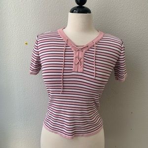 Jiacai one size pink striped drawstring v-neck top